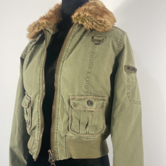 Guess Jackets & Blazers - Guess Jeans Stretch Army Green, Bomber Jacket, Removable faux fur neck,Large/M